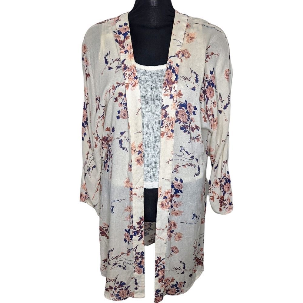 Roxy Cardigan extra small cream pink and blue floral with crane